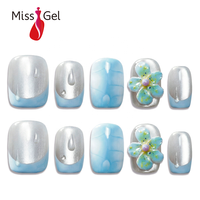 Faux ongles à presser motif fleur bleue, finition nacrée brillante, forme carrée, pour nail art, courts, sur mesure, faits main