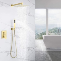 Robinet et pommeau de douche encastrés mural doré brossé pour hôtel, au design moderne et épuré, avec eau chaude/froide