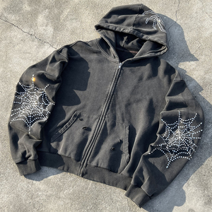 Custom Winter 400 Gsm 100% Cotton Graphic Zipper Hoodie Cropped Designer Oversized Distressed Acid Washed Rhinestone - Product Image 1