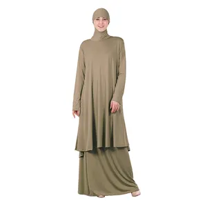 Fabricante pronto para enviar longo muçulmano vestido de oração muçulmano islâmico jilbab vestido camisa de duas peças por atacado