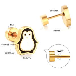 Boucles d'oreilles personnalisées pour enfants en acier inoxydable, bijoux mignons en forme de pingouin et de lapin, boucles d'oreilles à visser en émail pour enfants - Product Image 3