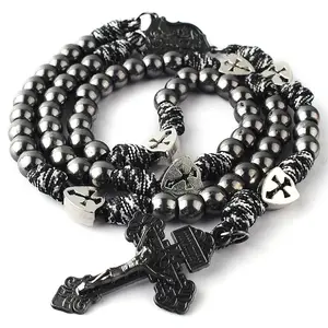 Pabrik Grosir Klasik Religius Paracord Rosario Kalung Manik-manik Logam Hitam dengan St.Michael Crucifix untuk Pria