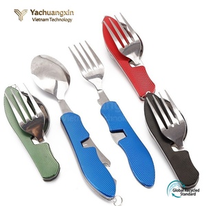 Ensemble de cuillère, fourchette et couteau pliants en acier inoxydable avec manche coloré, vaisselle multifonctionnelle pour l'extérieur - Product Image 4