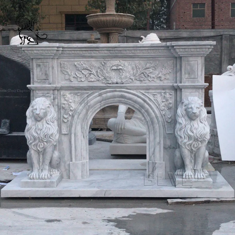 Factory Custom Modern Decorative Hand Carved Lion Statue Fireplace Mantel Carrara Marble Fireplace
