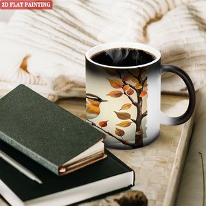 Taza de cerámica negra esmerilada de 11 oz, taza que cambia de color con la temperatura, con diseño artístico de pájaro y árbol - Product Image 3