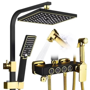 Ensemble de douche 4-en-1 en acier, finition noir et or moderne, avec mitigeur chaud/froid à jet doux, fonction bidet, pour appartement et hôtel, doté d'une barre coulissante - Product Image 1