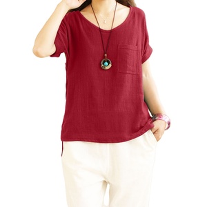 Camisetas de algodón de manga corta para mujer, blusa de lino con bolsillo - Product Image 1