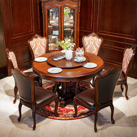Table à manger ronde en bois massif de style rustique américain - Meubles de salle à manger de style américain pour 6 personnes avec plateau tournant