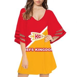 Nouveau personnalisé imprimé col en V décontracté court polyester robe en mousseline de soie élégant cloche demi manches robe pour les femmes grande taille Blouse - Product Image 5