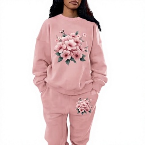Ensemble de survêtement pour femme, imprimé floral rose, col rond, manches longues, survêtement décontracté avec poches, style printemps - Product Image 1