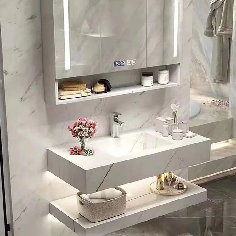 Newly Design Ceramic Single Countertop Sink 12mm Thick White Ceramic Plate Integrated Basin Custom Made Bathroom Vanity Cabinet