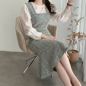 In puro poliestere autunno <span class=keywords><strong>inverno</strong></span> Casual Vintage tinta unita con colletto quadrato <span class=keywords><strong>senza</strong></span> <span class=keywords><strong>maniche</strong></span> stile aderente abito di Tweed marrone per le donne - Product Image 6