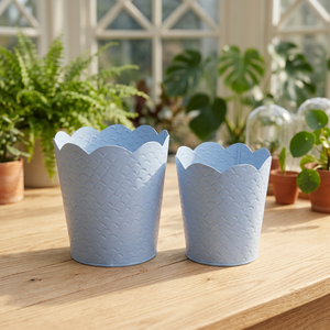 Decorative blue metal flower pots durable lightweight elegant scalloped design perfect for indoor and outdoor plants - Product Image 1