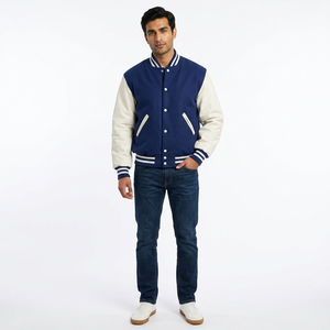 FINER THREADS Custom <b>Men's</b> Winter Varsity <b>Jacket</b> Navy Blue Body <b>White</b> Sleeves Front Quilted Windproof Breathable 100% Cotton - Product Image 1
