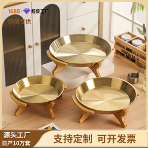 Plateau en acier inoxydable avec support en bambou, plateau de service rond multifonctionnel pour fruits de mer, fruits, utilisation en cuisine - Product Image 4
