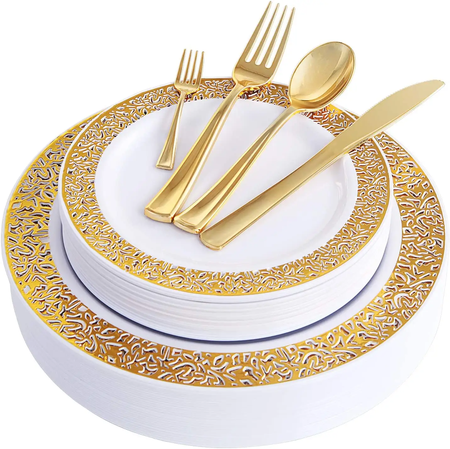 Assiette en plastique design dentelle dorée, assiettes jetables de fête, vaisselle