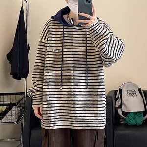 Sweat à capuche chaud en polyester à épaules tombantes, style décontracté, avec empiècements, pour couple, tricot rayé, style automne Hong Kong, pour homme - Product Image 2