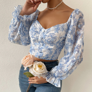 Top corto con maniche lunghe a sbuffo con stampa floreale Vintage da donna camicette eleganti in Chiffon Et Chemises Pour Femmes Top e camicette da donna - Product Image 2