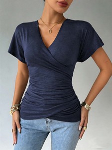 Nouvelle collection 2026 : Robe sexy unie à décolleté plongeant, taille froncée et effet amincissant - Product Image 5