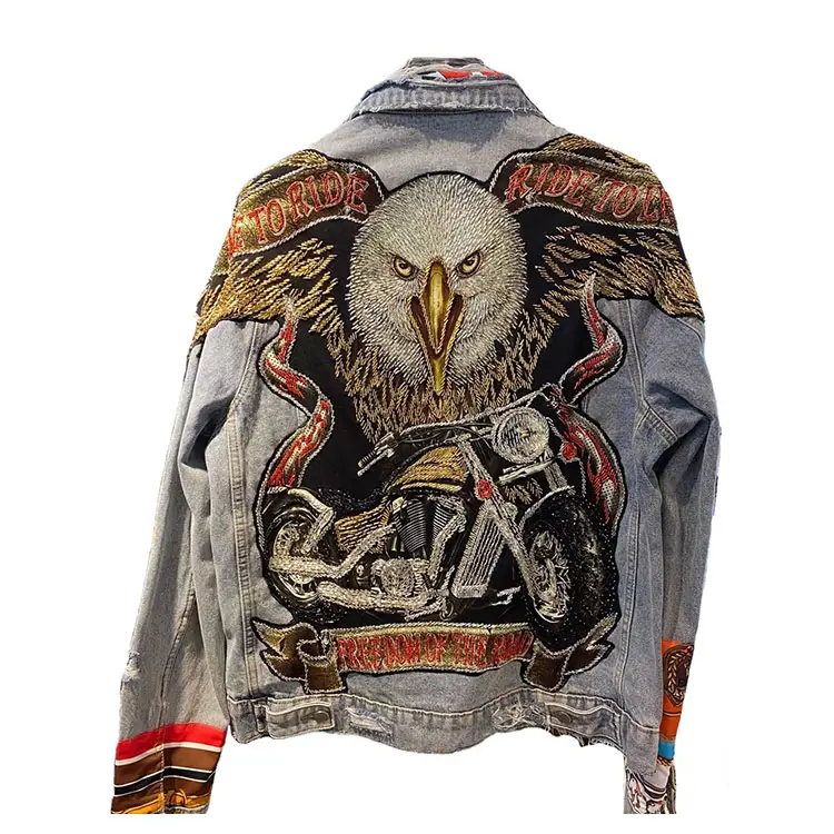 Mingwei Custom Washed Blue Embroidered Men's Denim Jacket Motorcycle Denim Jean Jackets Men