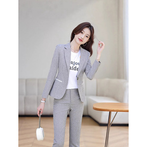 Grey Women's Suit Set Slim Fit Anti-Wrinkle Wool Blend Commute Elegant Office Wear - Product Image 1