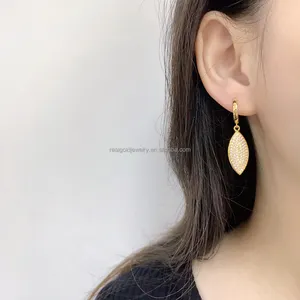 Trendy Style Oval Shape Long Brass Earring Nice Design With Clear Zircon 18k Gold Color Brass Earring For Woman Daily Wear