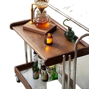 Vintage Solid Wood Coffee <b>Table</b> Movable <b>Sofa</b> <b>Side</b> <b>Table</b> Walnut Color Retro Nightstand Living Room Trolley Bedside Shelf - Product Image 4