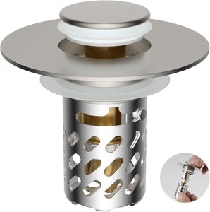 Siphon universel anti-odeur à poussoir escamotable, style minimaliste moderne, avec filtre anti-cheveux intégré, pour lavabos et éviers - Product Image 2