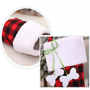 Calcetín Navideño Grande con Diseño de Cuadros Buffalo y Adornos de Huesos y Peces, Ideal para Decoración Navideña y Regalos para Mascotas - Product Image 5