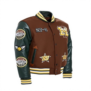 Mission for Varsity <b>Jacket</b> <b>Brown</b> Green <b>Leather</b> Patchwork Embroidered Logo Turn-down Collar Unisex Casual Preppy Style Single - Product Image 1
