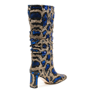 Women's Piled Pleated Upper Knee High Boots Chunky High Heels Leopard Print <b>Shoes</b> Big Size 45 Bling Glitter Long Booties - Product Image 3