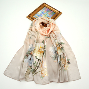 Sciarpa in Seta di Gelso 100% Personalizzabile, Best Seller, Stampa Peonia <span class=keywords><strong>Beige</strong></span> Primavera Estate 2026, Ingrosso, MOQ Basso - Product Image 2
