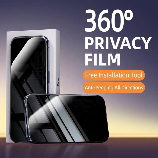 True Color 360 Degree Anti Spy Screen Protector Tempered Glass 2.5D 0.33mm Dust Removal Kit for iPhone 17 16 15 14 Pro Max