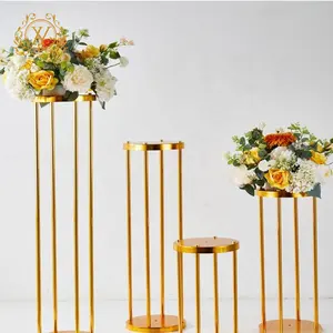 Высокий Золотой металлический подставка для цветов, свадебный стол, украшение в центре цветов, цилиндрические высокие свадебные украшения, вазы