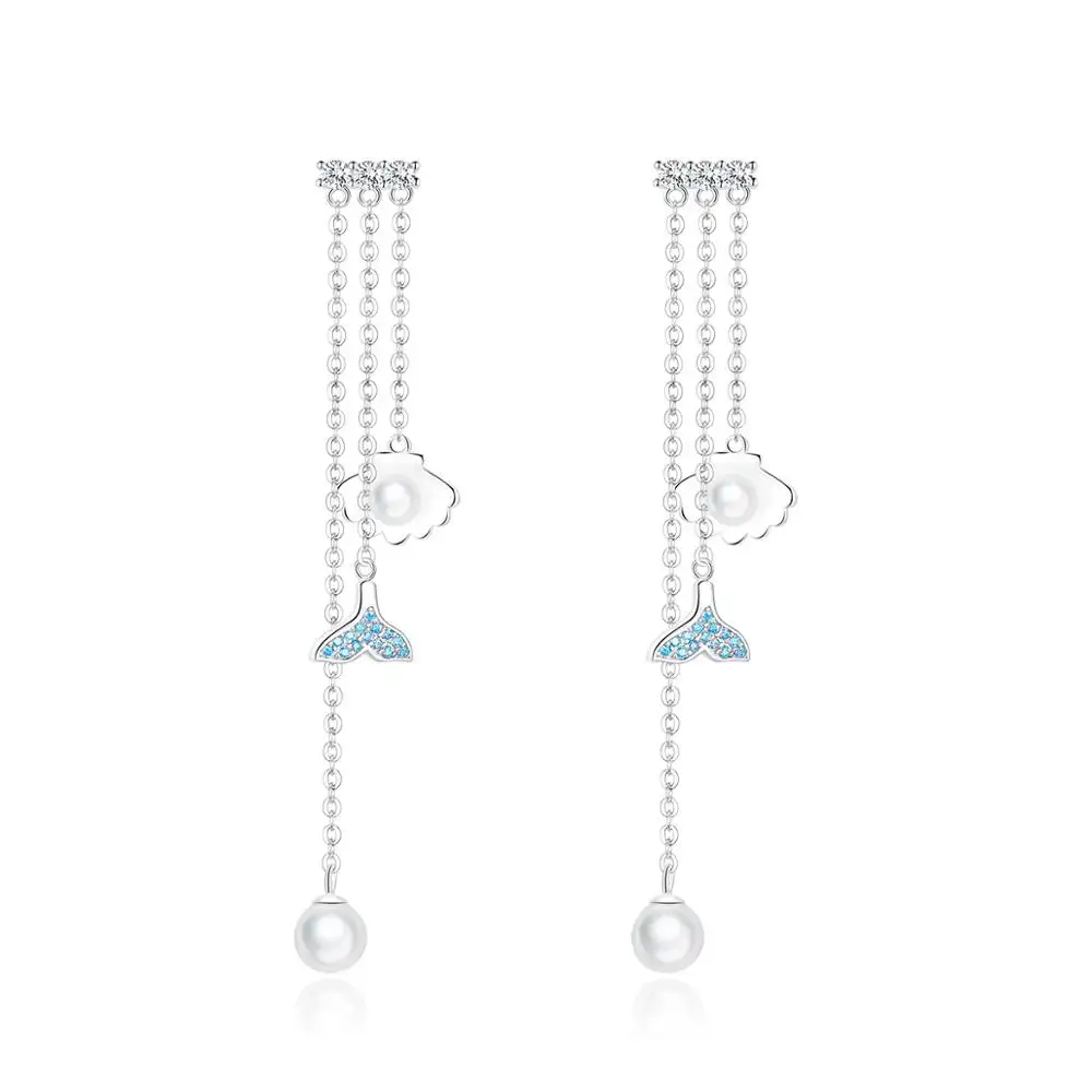 SCE692 Fashion Jewelry Silver Long Tassel Platinum Shell Fish Tail With Pearl Beads Women Girls Dangle Stud Earrings