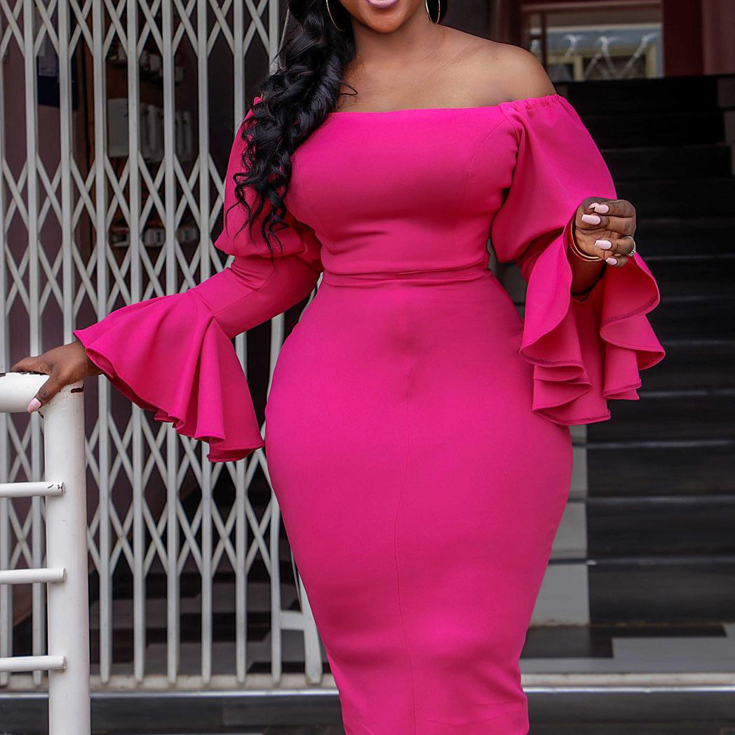 Fashionable Women's Plus Size Dress Solid Color Slim Waist Flared Sleeve  Ruffles Off Shoulder Lady Wear Dresses| Alibaba.com