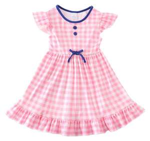 Vestidos de Verano Personalizados de Manga Corta para Niñas, Top Azul a Cuadros con Estampado de Manzanas, Vestido con Volantes y Botones para Bebés - Product Image 4