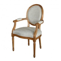 P2201 Mid Century Antique Vintage Chêne Massif Bois Beige Lin Tissu Rembourré Dossier Rond Accoudoir Louis Chaise de Salle à Manger