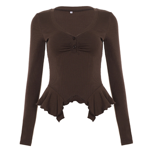 Haut en maille boutonné à col en V pour femme, en polyester/coton uni, avec ourlet asymétrique froncé, manches longues, décolleté plongeant, style Y2K, coupe ajustée sexy - Product Image 6