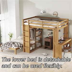 Modern Design Solid Wood Queen Over Twin Bunk Bed <strong>with</strong> Detachable Lower Bed Convertible Loft Desk Wardrobe <strong>Storage</strong> Natural Color - Product Image 4