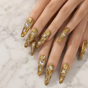 เล็บปลอมทรงอัลมอนด์แบบเต็มเล็บ ประดับเพชรและมุก ทำมือ พร้อมกาวติด - Product Image 6