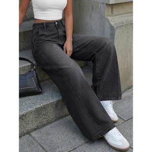 Jeans à jambes larges pour femmes, taille haute, pantalon en denim ample, coton doux, style décontracté, design plissé, coupe confortable - Product Image 5