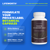 Cápsulas de Hoja de Morera Blanca LIFEWORTH, Extracto de Grano de Café Verde 100 mg, Péptido de Melón Amargo 75 mg, Fabricación por Contrato OEM, GMP