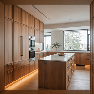 Armoire de cuisine moderne en bois de noyer CBMmart avec îlot <span class=keywords><strong>central</strong></span> en <span class=keywords><strong>marbre</strong></span> intégré, éclairage LED, armoire de cuisine personnalisée pour la maison - Product Image 4