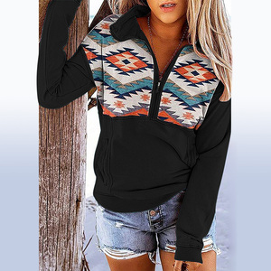 2023 printemps haute qualité personnalisé occidental aztèque imprimé grande taille 5XL quart fermeture éclair pull femmes sweats à capuche - Product Image 4