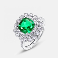 Bague en argent S925 avec émeraude de laboratoire taille coussin, double halo, ouverte et ajustable, pour femme, bijoux fins