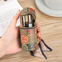 Porte-clés cylindrique à motif rétro, mini pochette en PU pour rouge à lèvres et monnaie, rangement portable pour écouteurs avec foulard en soie