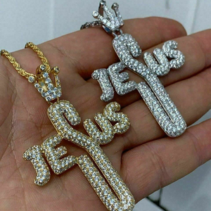 24 "chaîne de corde 18K plaqué or Hiphop <span class=keywords><strong>Rock</strong></span> <span class=keywords><strong>Punk</strong></span> hommes bijoux Micro pavé Cz Jésus lettre croix collier - Product Image 1