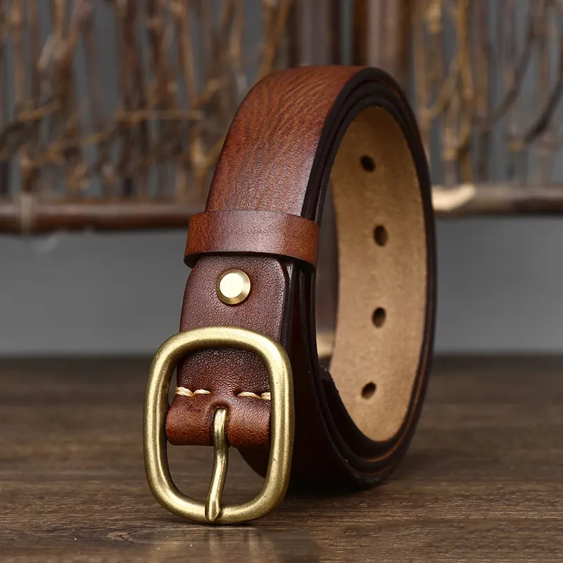 2.8cm Wide Pure Handmade Vintage Copper Buckle Ladies Belt Leather 2022 New Belt Simple Versatile Pin Buckle