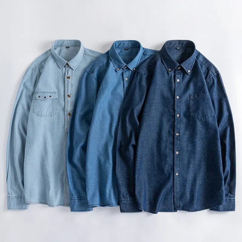 denim shirts men casual light wash long sleeve denim jeans shirt